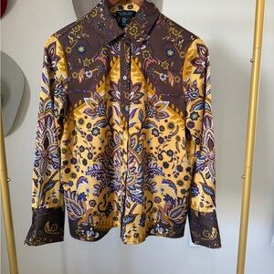 Rachel Zoe Mustard Yellow & Brown Floral Versatile Button-Front Blouse